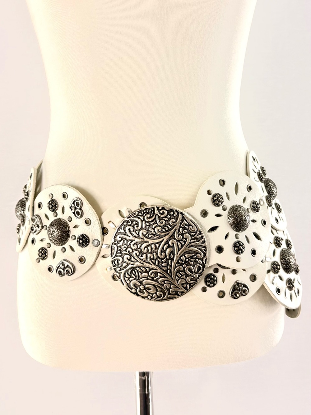 Vintage White Leather Wide Decorative Disc Belt with Silver Accents